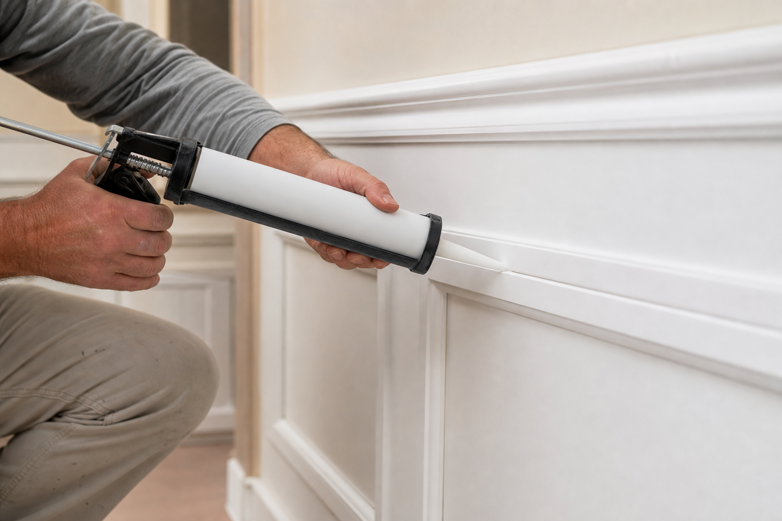 Craftsman caulking and finishing a wainscot panel seam