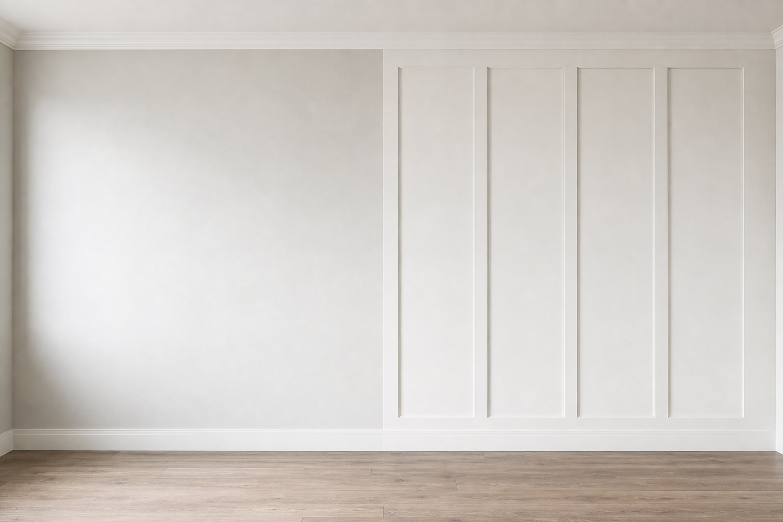 Before and after comparison of a plain wall versus a paneled wainscoting wall