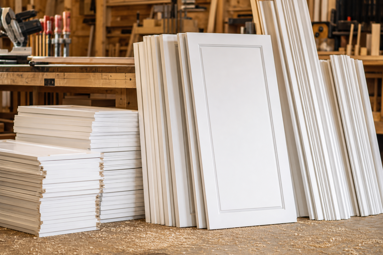 Stacks of primed wainscot panel boards in a workshop